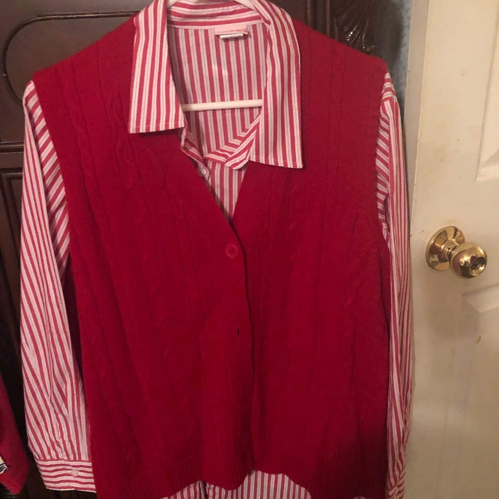 Button up blouse with sweater.